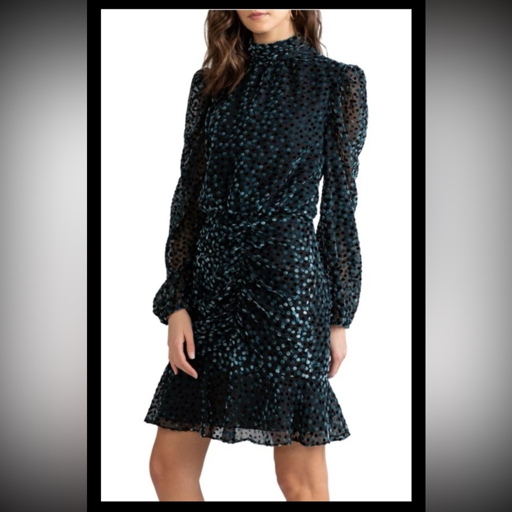 NWT Shoshanna Cassia Dot Velvet Burnout Long Sleeve Mini Dress in Jet/Olive Sz 8